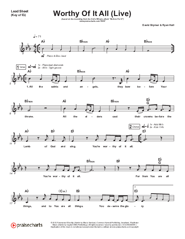 Worthy Of It All (Live) Lead Sheet (Melody) (CeCe Winans)