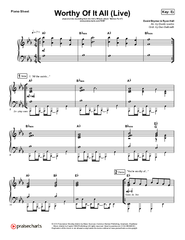 Worthy Of It All (Live) Piano Sheet (CeCe Winans)