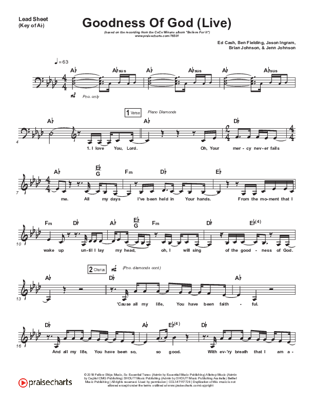 Goodness Of God (Live) Lead Sheet (Melody) (CeCe Winans)