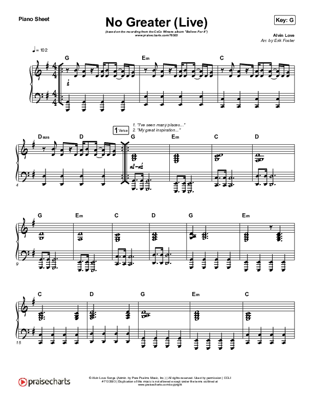 No Greater (Live) Piano Sheet (CeCe Winans)