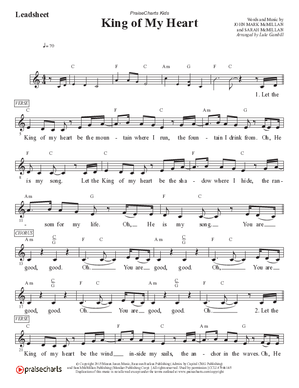King Of My Heart (Kids) Lead Sheet (Melody) (PraiseCharts Kids / Arr. Luke Gambill)