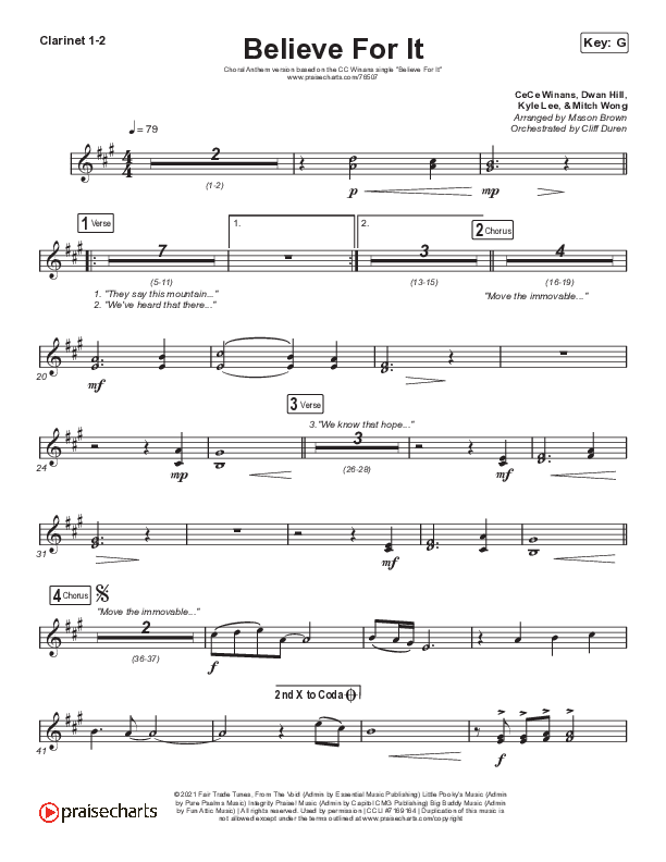 Believe For It (Choral Anthem SATB) Clarinet 1/2 (CeCe Winans / Arr. Cliff Duren / Mason Brown)