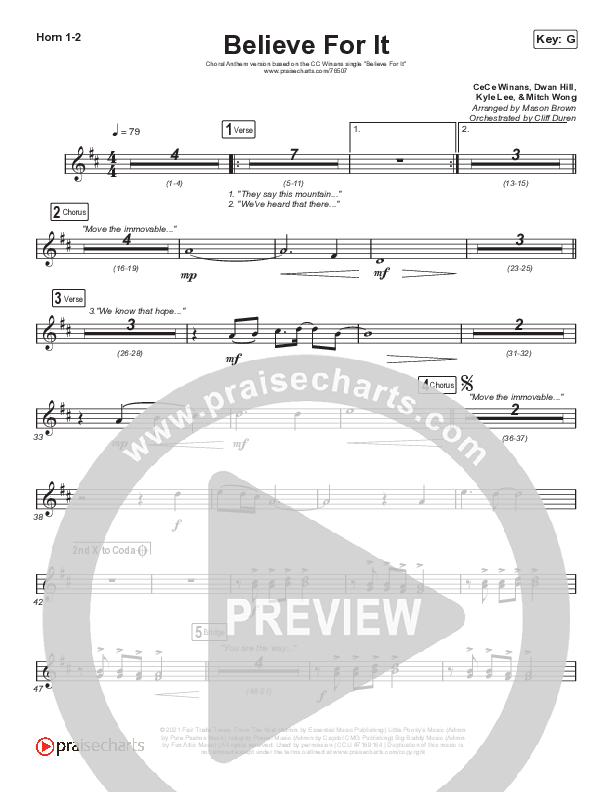 Believe For It (Choral Anthem SATB) French Horn 1/2 (CeCe Winans / Arr. Cliff Duren / Mason Brown)