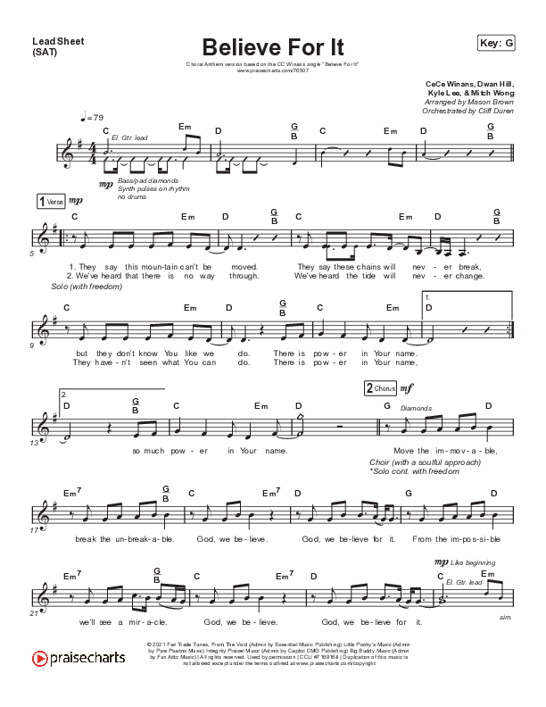Believe For It (Choral Anthem SATB) Lead Sheet (SAT) (CeCe Winans / Arr. Cliff Duren / Mason Brown)