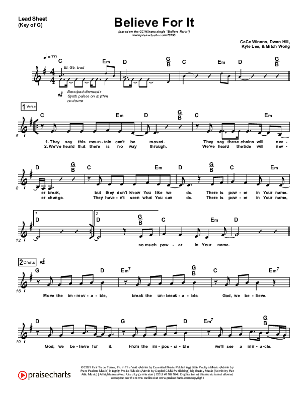 Believe For It (Choral Anthem SATB) Lead Sheet (Melody) (CeCe Winans / Arr. Cliff Duren / Mason Brown)