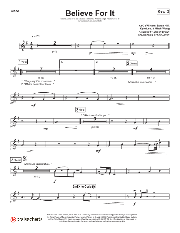 Believe For It (Choral Anthem SATB) Oboe (CeCe Winans / Arr. Cliff Duren / Mason Brown)