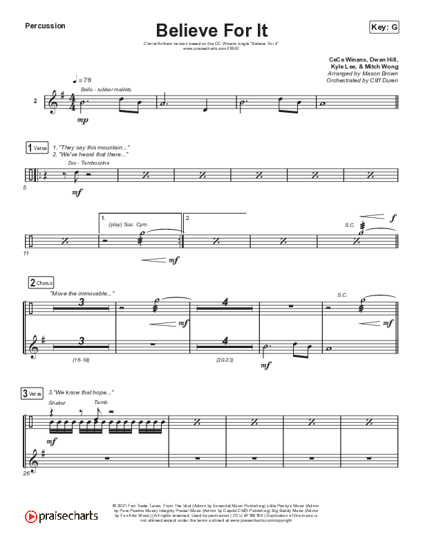 Believe For It (Choral Anthem SATB) Percussion (CeCe Winans / Arr. Cliff Duren / Mason Brown)