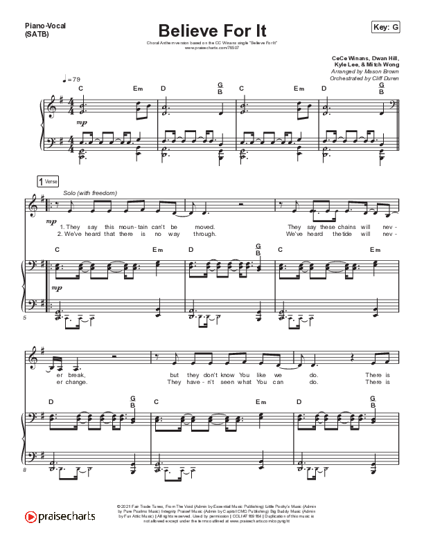 Believe For It (Choral Anthem SATB) Piano/Vocal & Lead (CeCe Winans / Arr. Cliff Duren / Mason Brown)