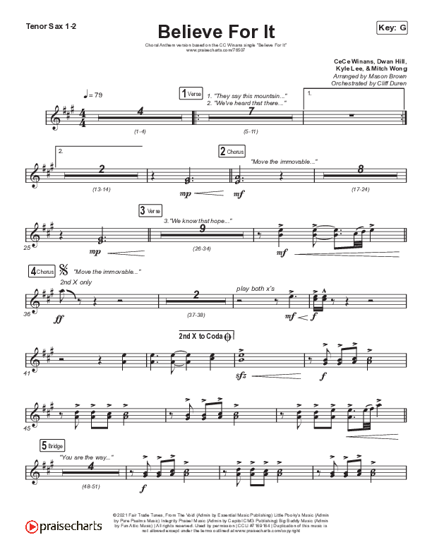 Believe For It (Choral Anthem SATB) Tenor Sax 1/2 (CeCe Winans / Arr. Cliff Duren / Mason Brown)