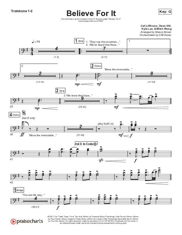Believe For It (Choral Anthem SATB) Trombone 1/2 (CeCe Winans / Arr. Cliff Duren / Mason Brown)