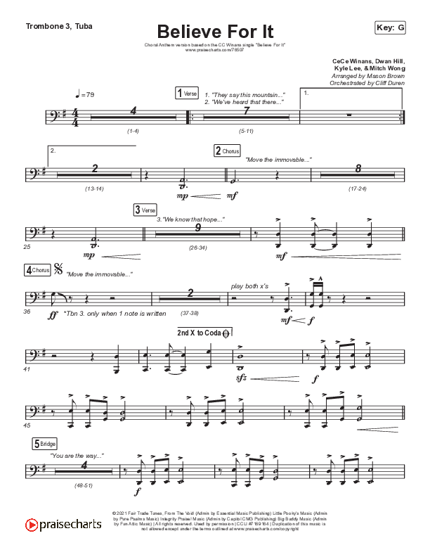 Believe For It (Choral Anthem SATB) Trombone 3/Tuba (CeCe Winans / Arr. Cliff Duren / Mason Brown)