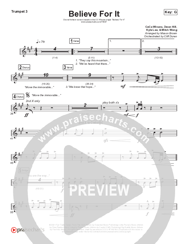 Believe For It (Choral Anthem SATB) Trumpet 3 (CeCe Winans / Arr. Cliff Duren / Mason Brown)