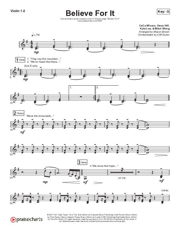 Believe For It (Choral Anthem SATB) Violin 1/2 (CeCe Winans / Arr. Cliff Duren / Mason Brown)