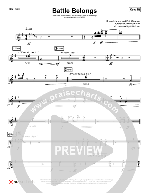 Battle Belongs (Choral Anthem SATB) Bari Sax (Phil Wickham / Arr. Cliff Duren / Mason Brown)