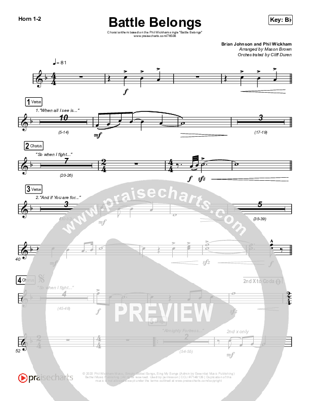 Battle Belongs (Choral Anthem SATB) French Horn 1/2 (Phil Wickham / Arr. Cliff Duren / Mason Brown)