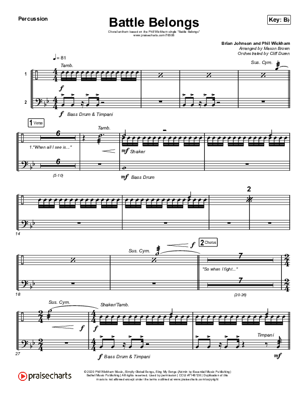 Battle Belongs (Choral Anthem SATB) Percussion (Phil Wickham / Arr. Cliff Duren / Mason Brown)