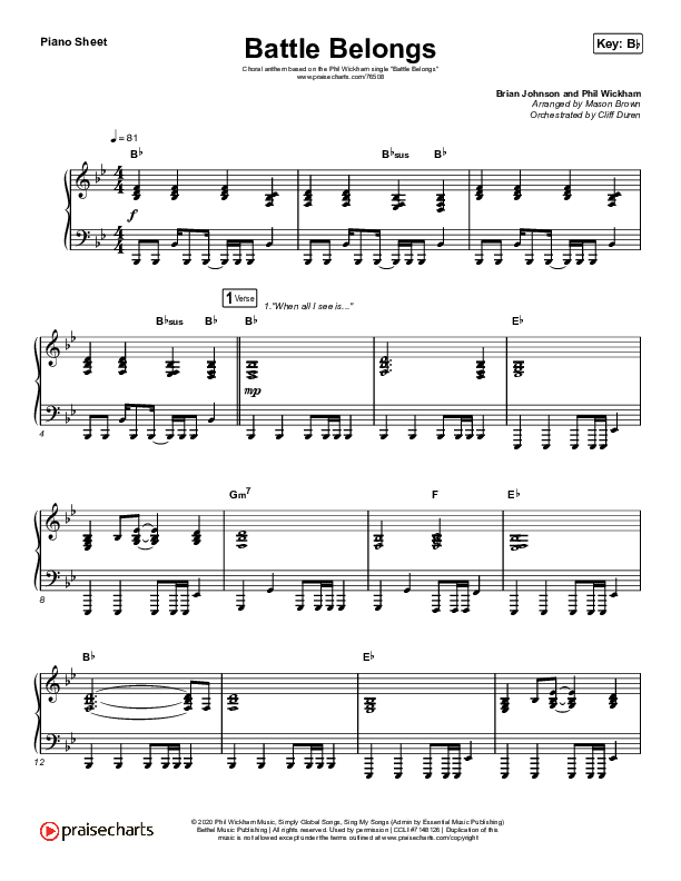 Battle Belongs (Choral Anthem SATB) Piano Sheet (Phil Wickham / Arr. Cliff Duren / Mason Brown)
