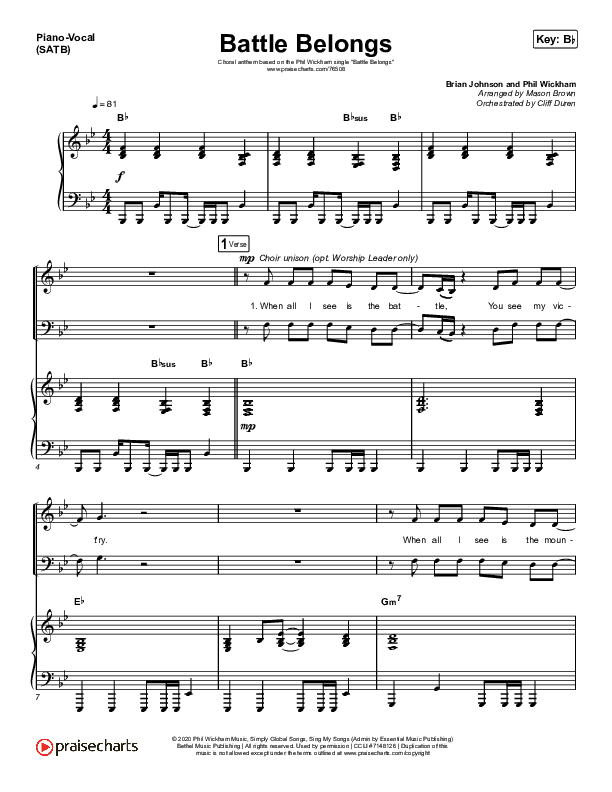 Battle Belongs (Choral Anthem SATB) Piano/Vocal (SATB) (Phil Wickham / Arr. Cliff Duren / Mason Brown)