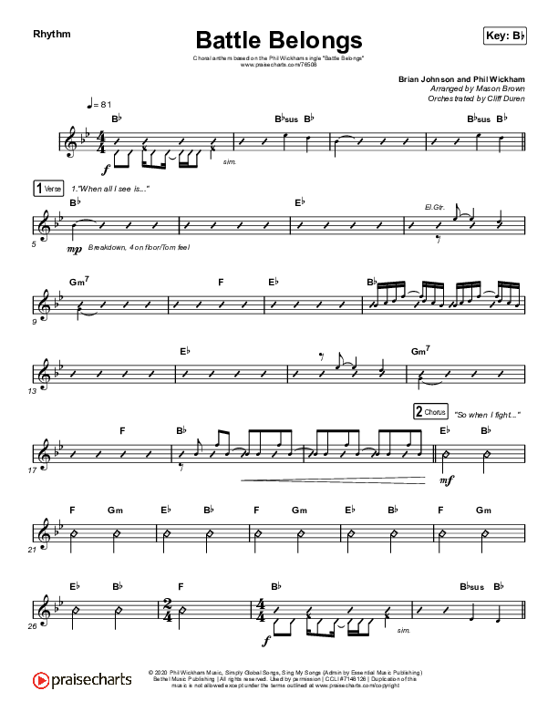 Battle Belongs (Choral Anthem SATB) Rhythm Chart (Phil Wickham / Arr. Cliff Duren / Mason Brown)