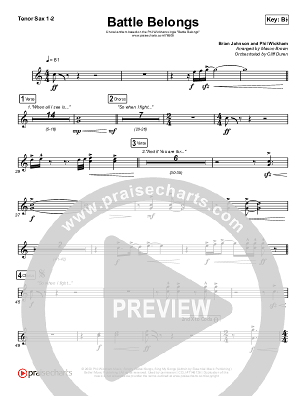 Battle Belongs (Choral Anthem SATB) Tenor Sax 1/2 (Phil Wickham / Arr. Cliff Duren / Mason Brown)