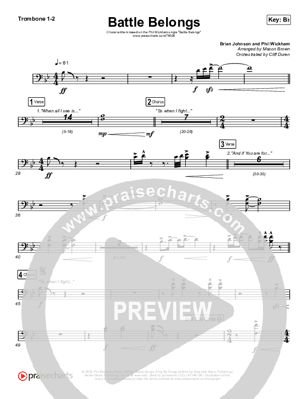 Battle Belongs (Choral Anthem SATB) Trombone 1/2 (Phil Wickham / Arr. Cliff Duren / Mason Brown)