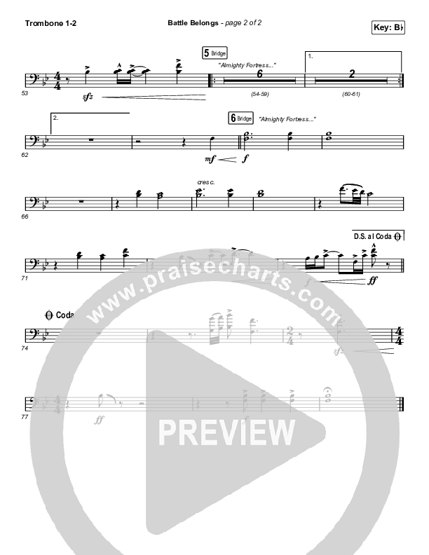 Battle Belongs (Choral Anthem SATB) Trombone 1/2 (Phil Wickham / Arr. Cliff Duren / Mason Brown)