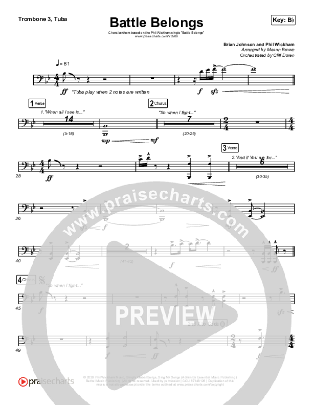 Battle Belongs (Choral Anthem SATB) Trombone 3/Tuba (Phil Wickham / Arr. Cliff Duren / Mason Brown)