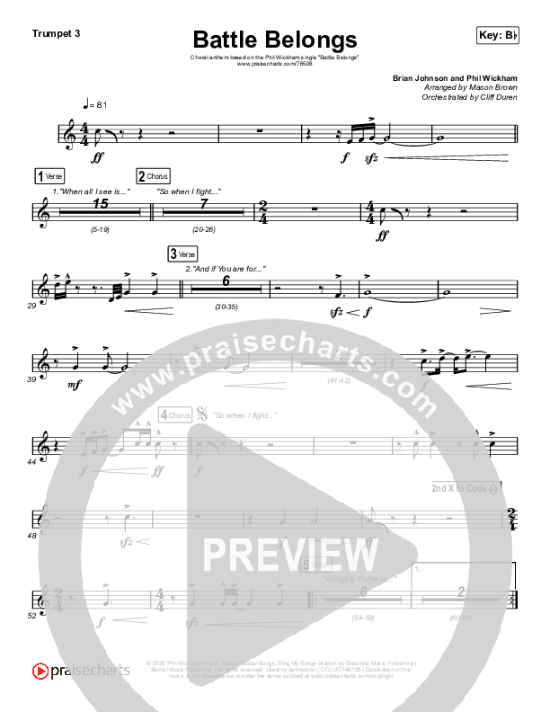 Battle Belongs (Choral Anthem SATB) Trumpet 3 (Phil Wickham / Arr. Cliff Duren / Mason Brown)
