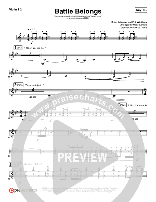 Battle Belongs (Choral Anthem SATB) Violin 1/2 (Phil Wickham / Arr. Cliff Duren / Mason Brown)