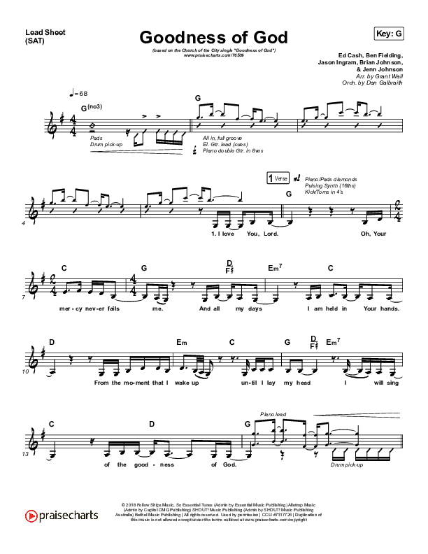 Goodness Of God Lead Sheet (SAT) (Church Of The City)