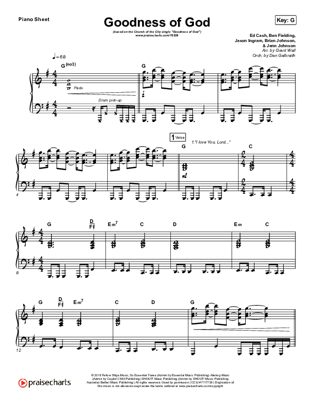 Goodness Of God Piano Sheet (Church Of The City)
