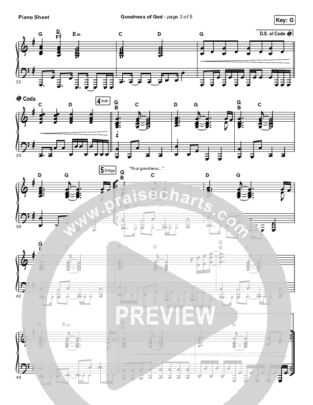 Goodness Of God Piano Sheet (Church Of The City)
