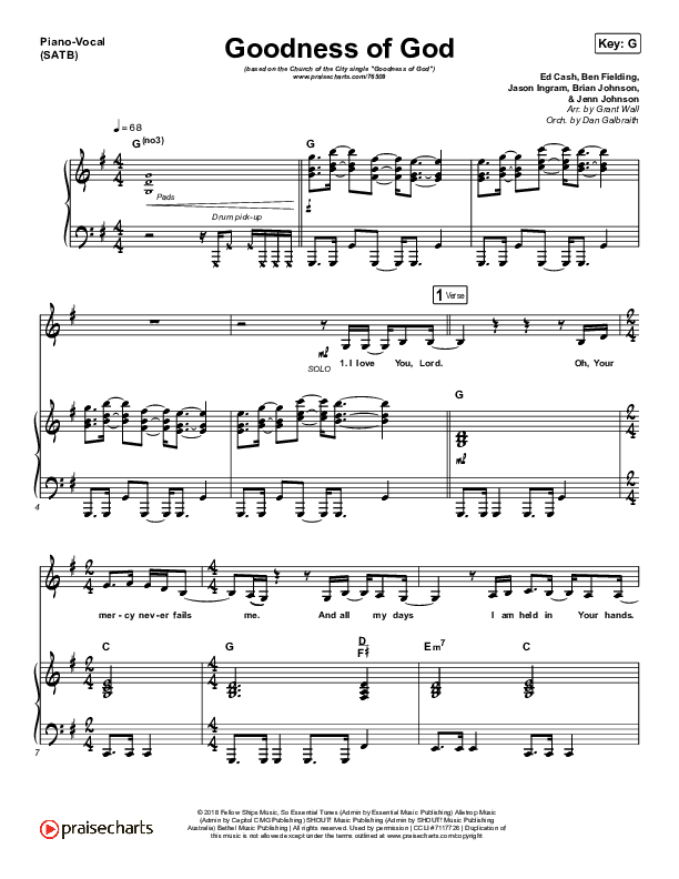 Goodness Of God Piano/Vocal (SATB) (Church Of The City)
