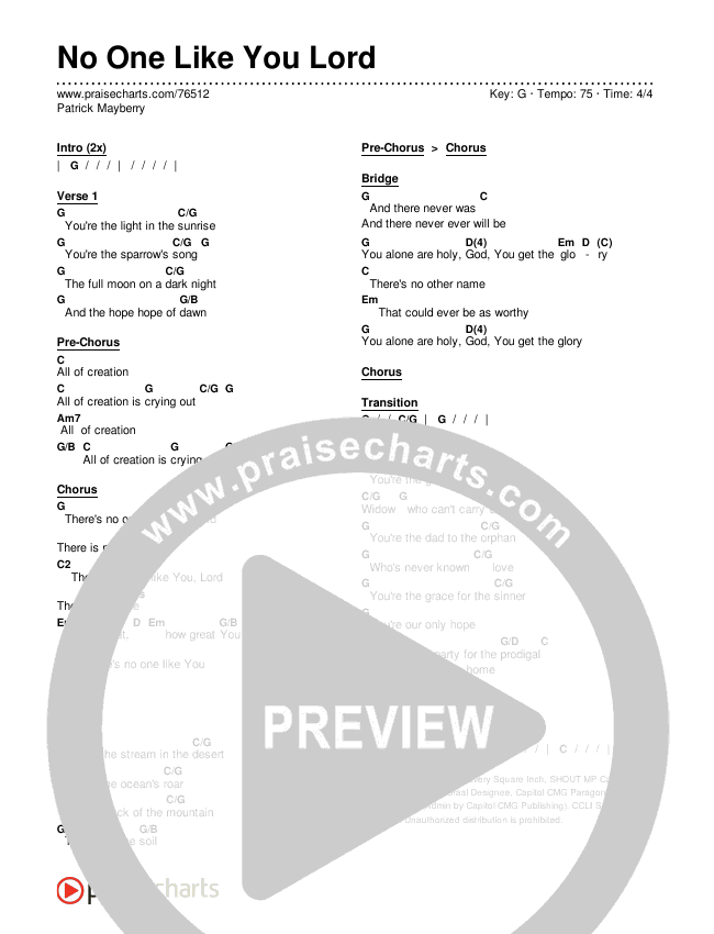 No One Like You Lord Chords & Lyrics (Patrick Mayberry)
