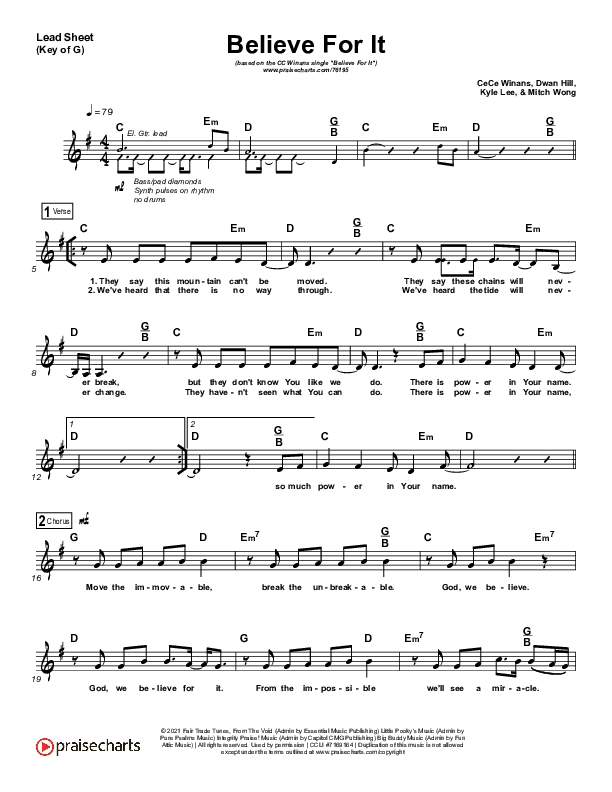 Believe For It (Choral Anthem SATB) Lead Sheet (Melody) (CeCe Winans / Arr. Luke Gambill)