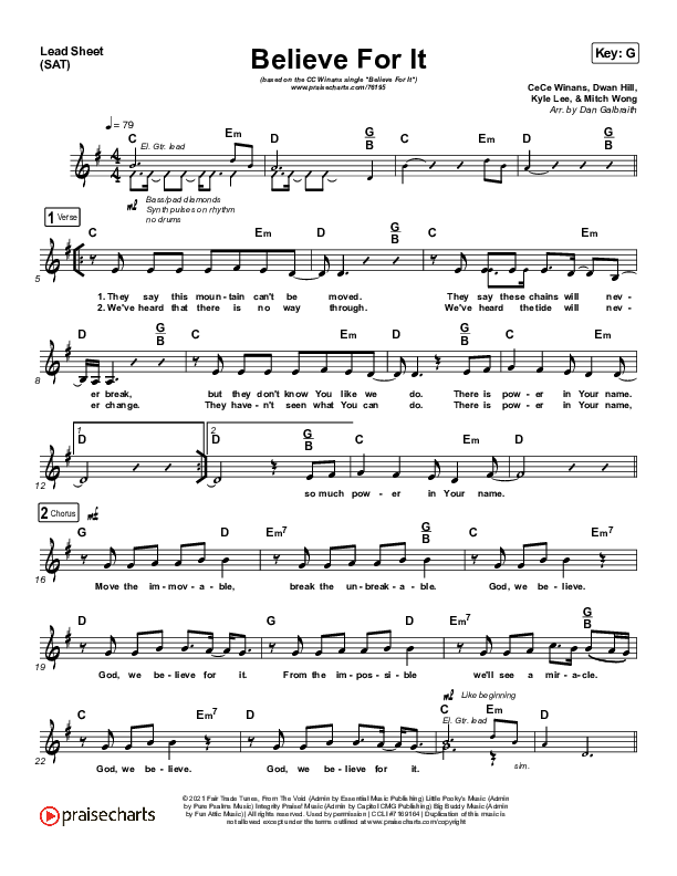 Believe For It (Choral Anthem SATB) Lead Sheet (SAT) (CeCe Winans / Arr. Luke Gambill)