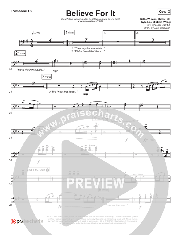 Believe For It (Choral Anthem SATB) Trombone 1/2 (CeCe Winans / Arr. Luke Gambill)