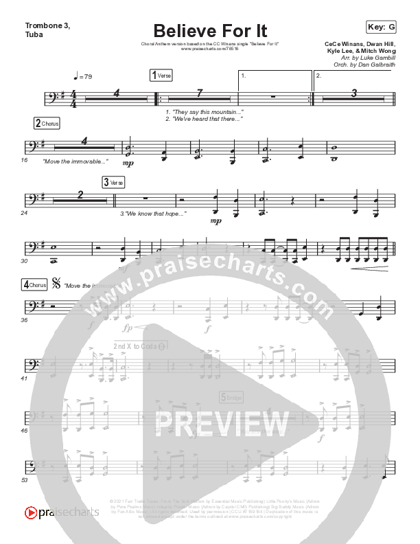 Believe For It (Choral Anthem SATB) Trombone 1,2 (CeCe Winans / Arr. Luke Gambill)