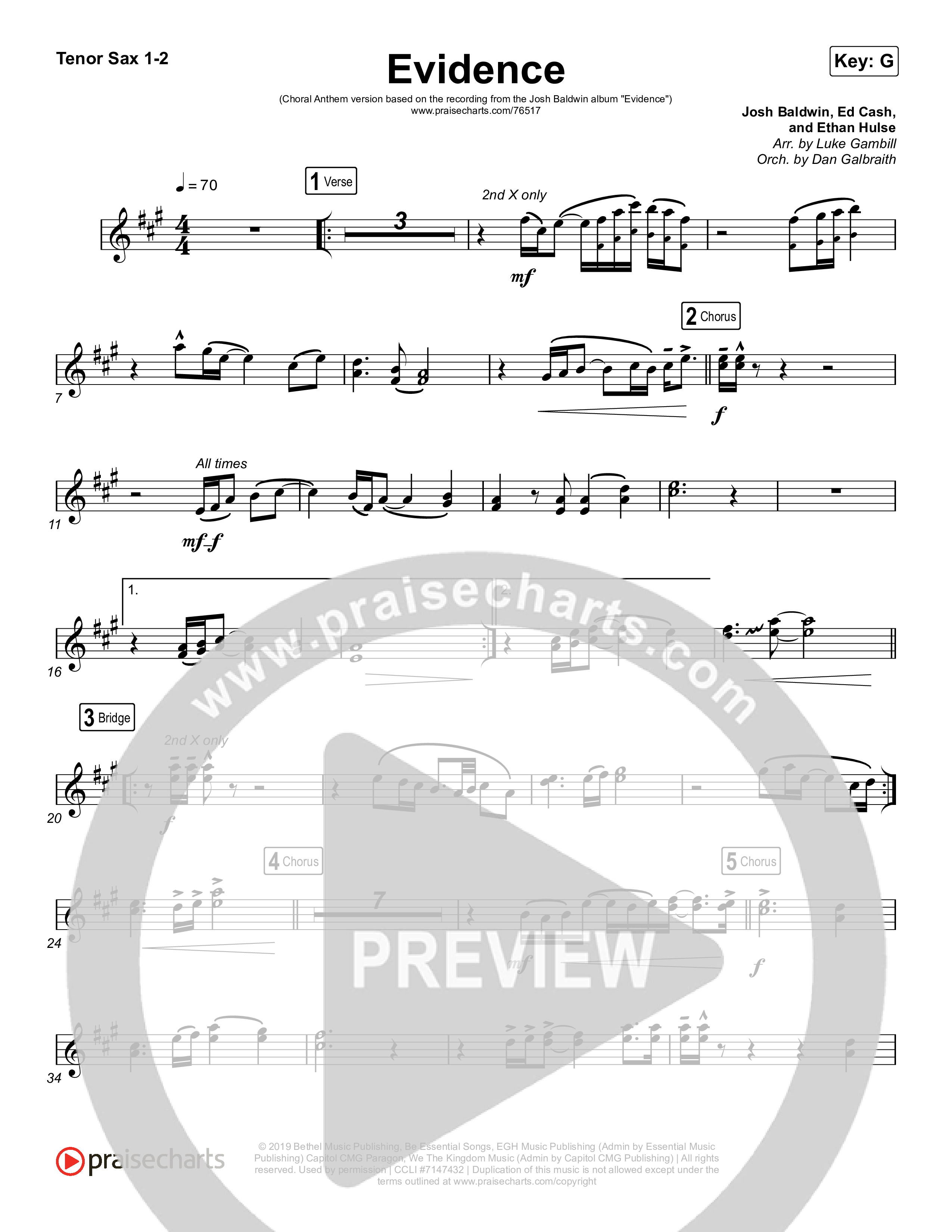 Evidence (Choral Anthem SATB) Tenor Sax 1/2 (Josh Baldwin / Arr. Luke Gambill)