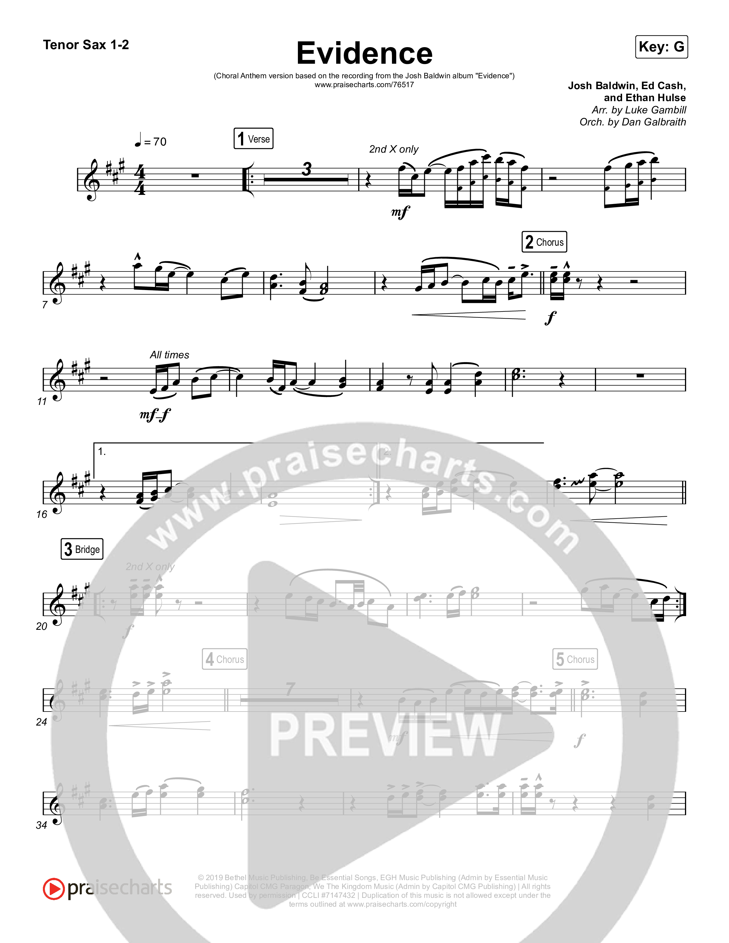 Evidence (Choral Anthem SATB) Tenor Sax 1/2 (Josh Baldwin / Arr. Luke Gambill)