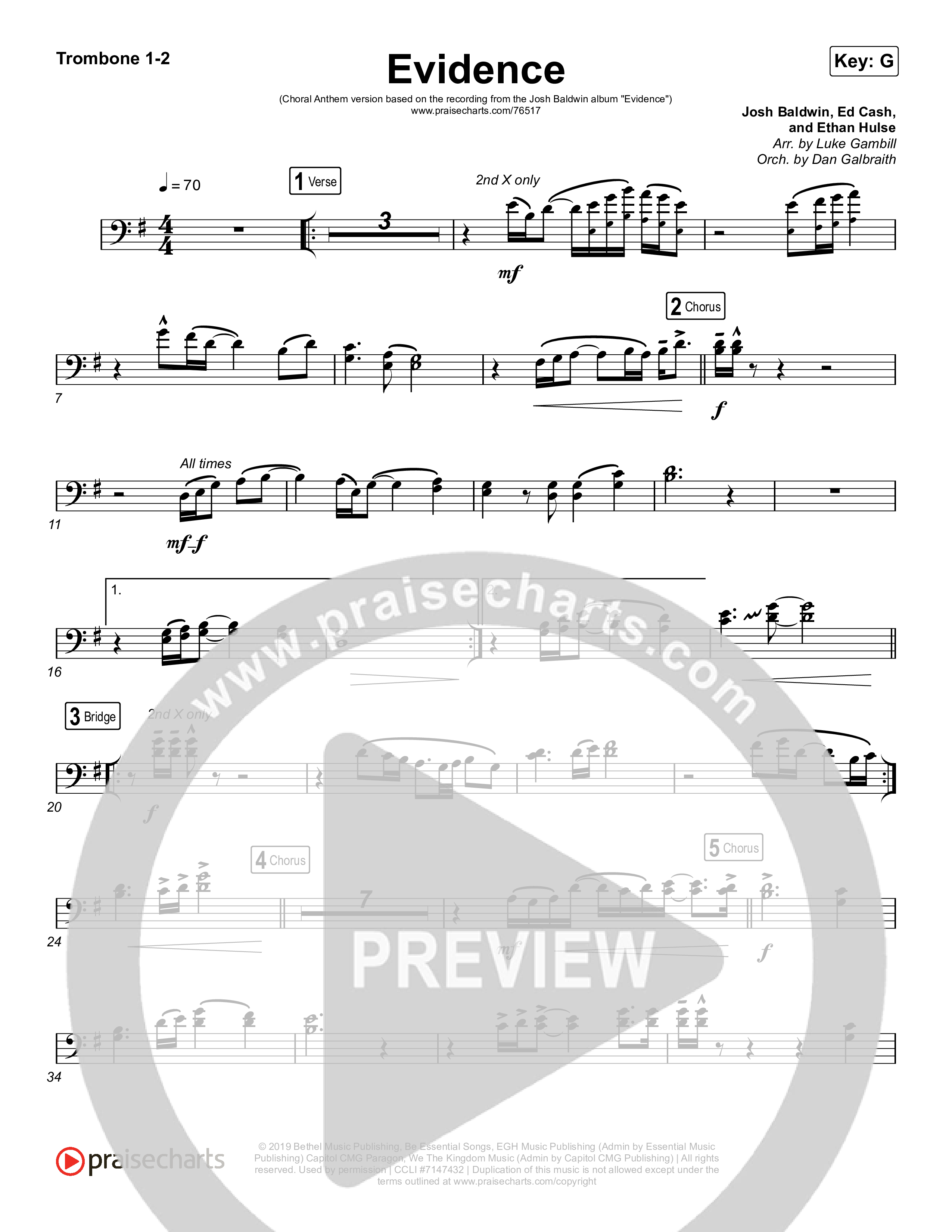 Evidence (Choral Anthem SATB) Trombone 1/2 (Josh Baldwin / Arr. Luke Gambill)