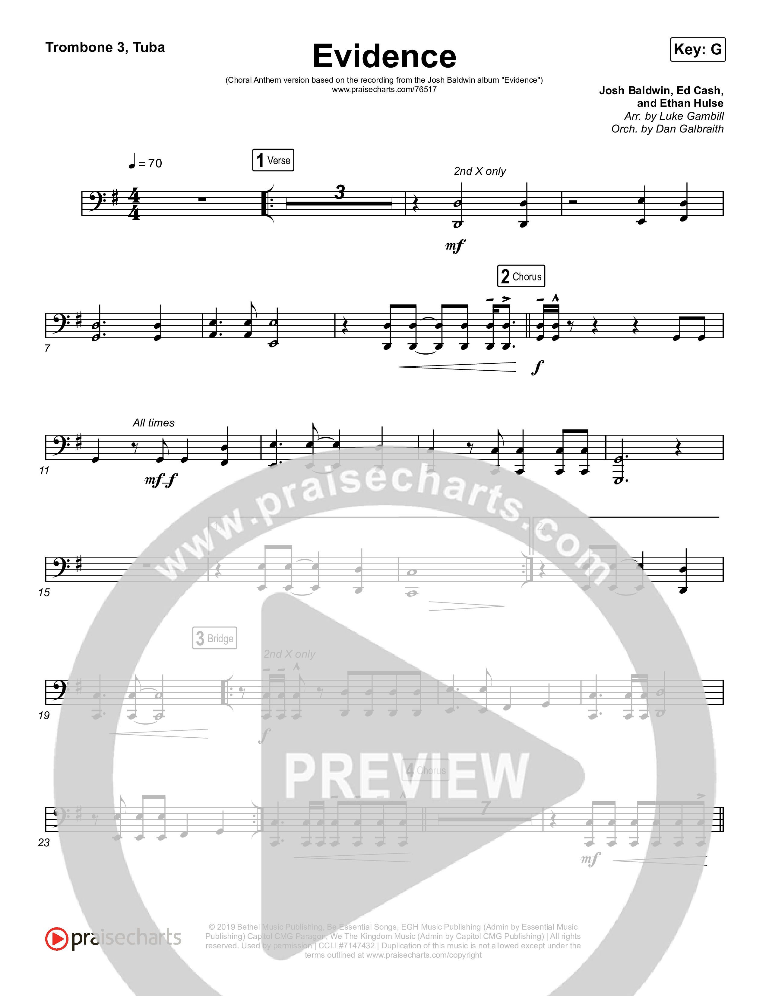 Evidence (Choral Anthem SATB) Trombone 3/Tuba (Josh Baldwin / Arr. Luke Gambill)