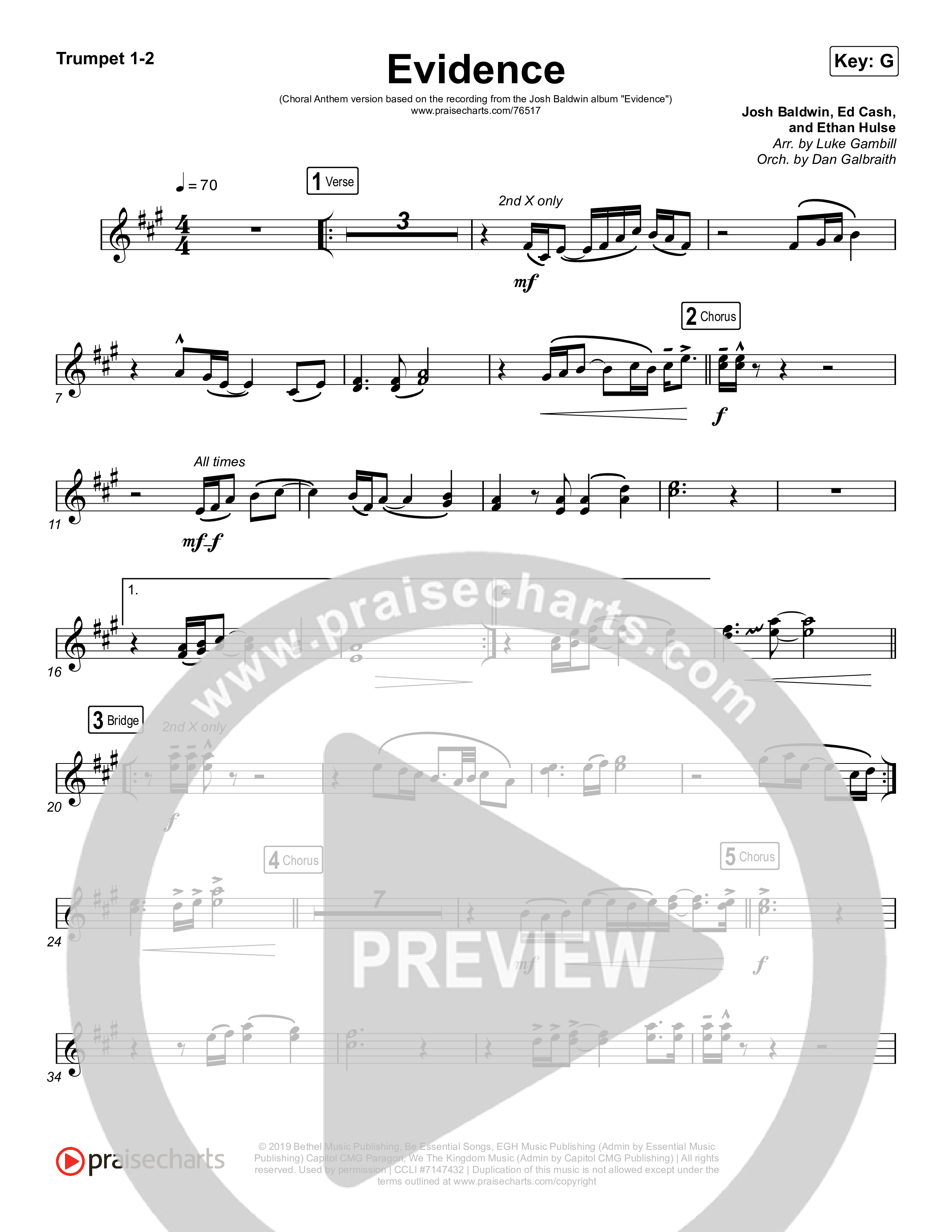 Evidence (Choral Anthem SATB) Trumpet 1,2 (Josh Baldwin / Arr. Luke Gambill)