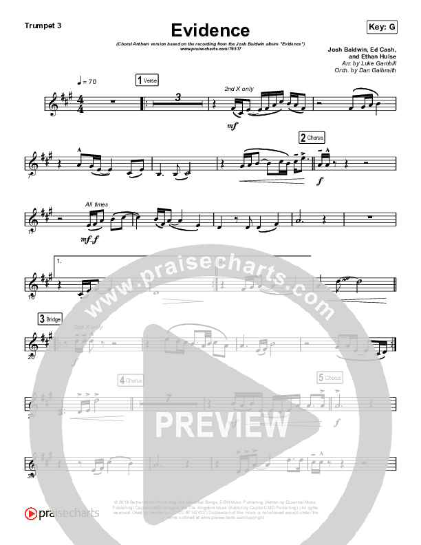 Evidence (Choral Anthem SATB) Trumpet 3 (Josh Baldwin / Arr. Luke Gambill)