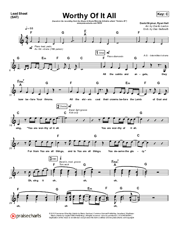 Worthy Of It All (Live) Lead Sheet (SAT) (The Worship Initiative / Shane & Shane)