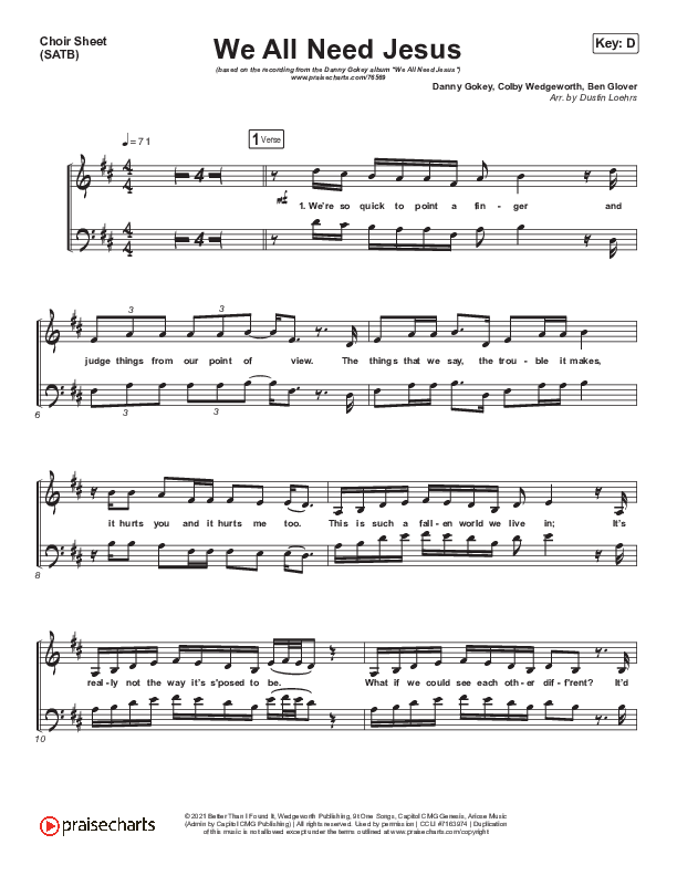 We All Need Jesus Choir Sheet (SATB) (Danny Gokey / Koryn Hawthorne)