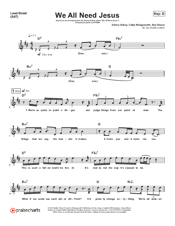 We All Need Jesus Lead Sheet (SAT) (Danny Gokey / Koryn Hawthorne)