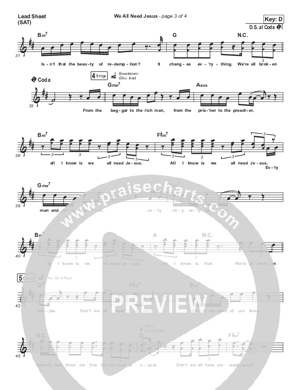 We All Need Jesus Lead Sheet (SAT) (Danny Gokey / Koryn Hawthorne)
