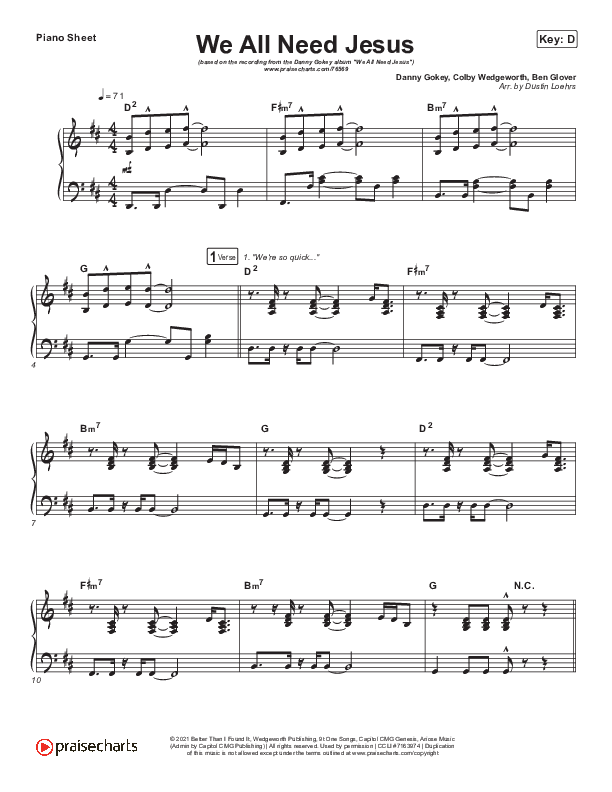 We All Need Jesus Piano Sheet (Danny Gokey / Koryn Hawthorne)