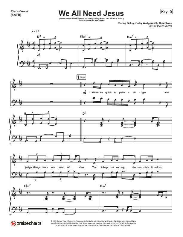 We All Need Jesus Piano/Vocal (SATB) (Danny Gokey / Koryn Hawthorne)